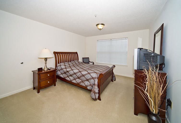 A cozy bedroom with a wooden bed, side table, and television.