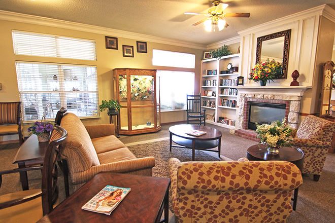 A cozy living room with a comfortable seating area, featuring a sofa and armchair, bookshelves, and a fireplace.