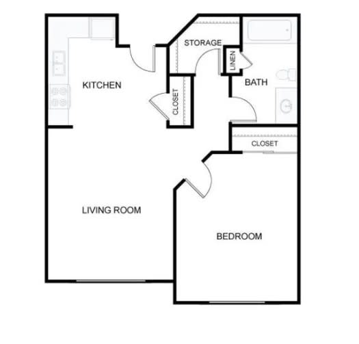 A simple one-bedroom apartment floor plan featuring a living room, kitchen, bathroom, and storage area.