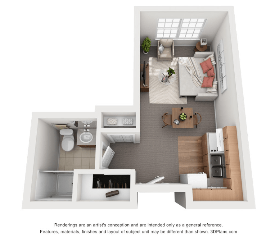 3D rendering of a studio apartment floor plan showing the layout with a bedroom, living area, kitchen, and bathroom.