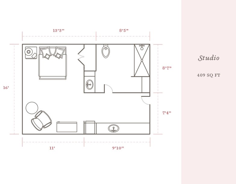 Studio apartment floor plan with designated areas for living, cooking, and sleeping.