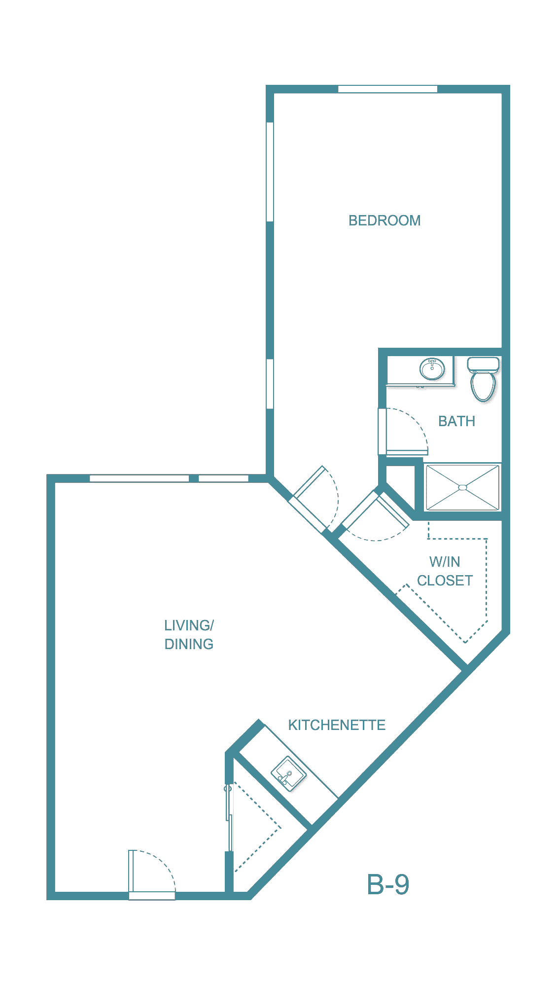 A simple one-bedroom apartment floor plan showing the living area, kitchen, and bathroom.