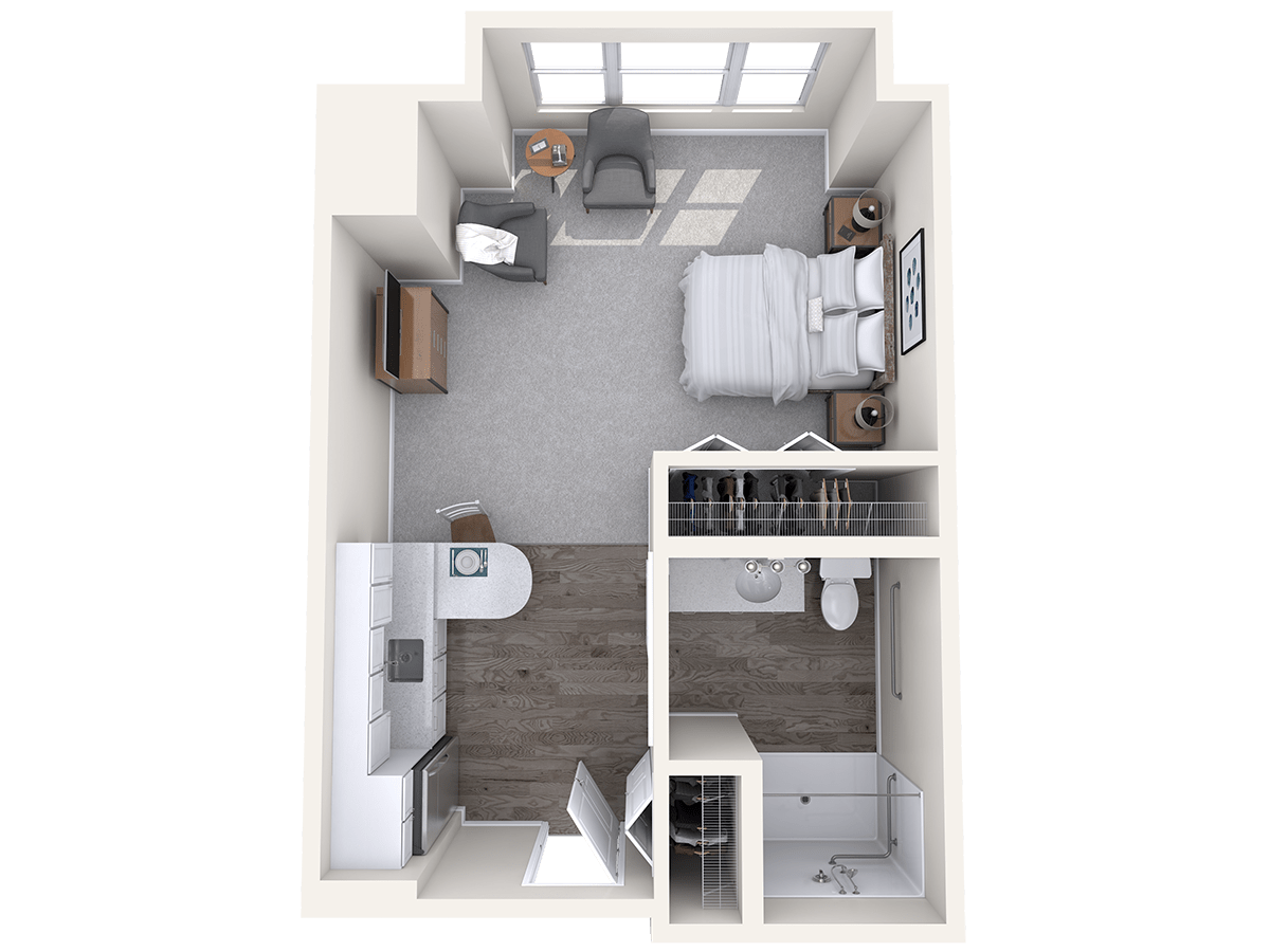 A 3D rendering of a compact studio apartment layout, showcasing a combined living and sleeping area with an attached bathroom.