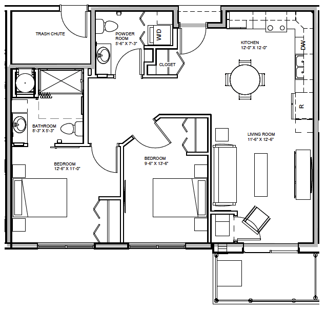 A detailed floor plan of an apartment showcasing the layout of rooms and living spaces.
