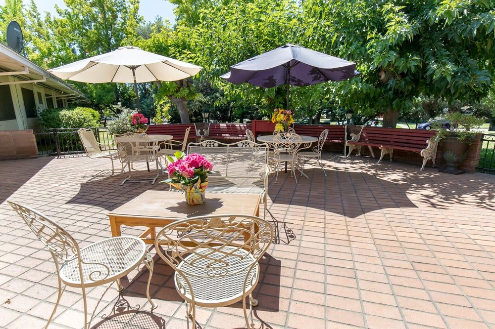 A sunny outdoor patio with tables, chairs, umbrellas, and vibrant flowers.