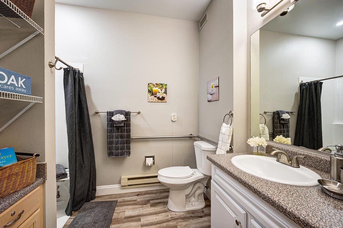 A modern bathroom with a shower, toilet, and sink.