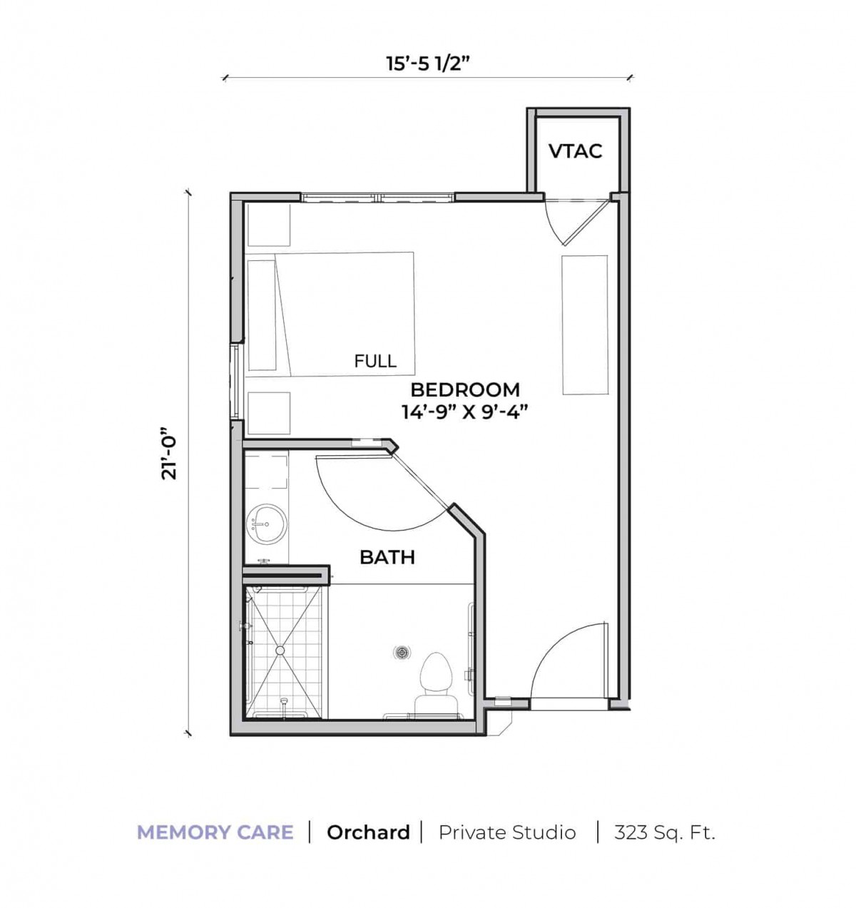 A floor plan of a small apartment featuring a bedroom, bathroom, and closet space.