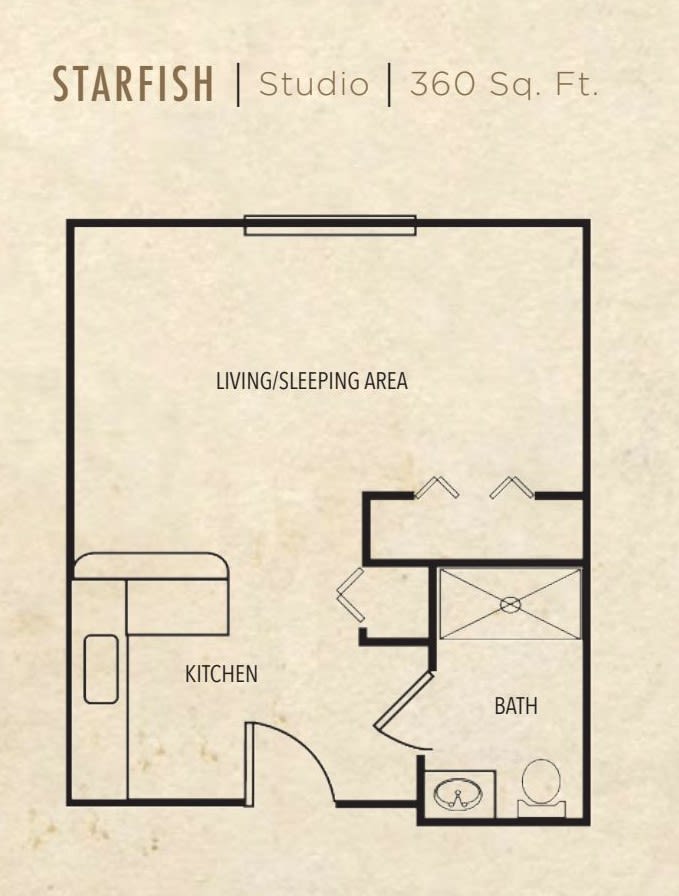 Studio apartment floor plan with kitchen, bath, and living/sleeping area.