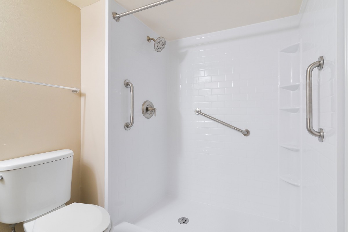 A clean and modern bathroom with a walk-in shower featuring grab bars.