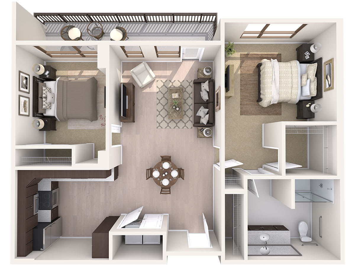 A detailed floor plan of a modern apartment, showcasing the layout and furniture arrangement in each room.