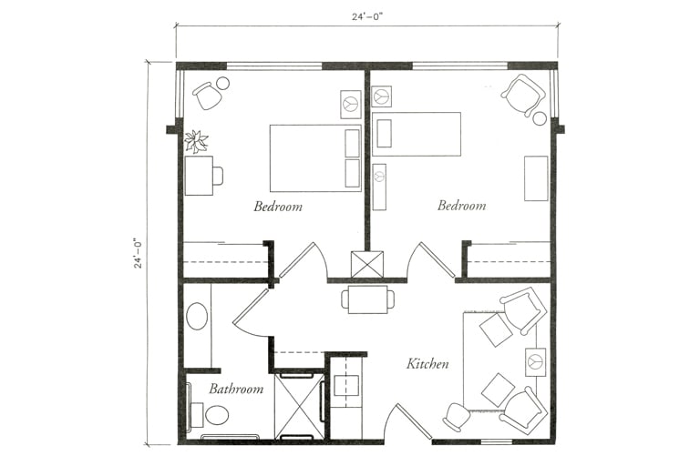 A floor plan showing a two-bedroom apartment layout with kitchen and bathroom areas.