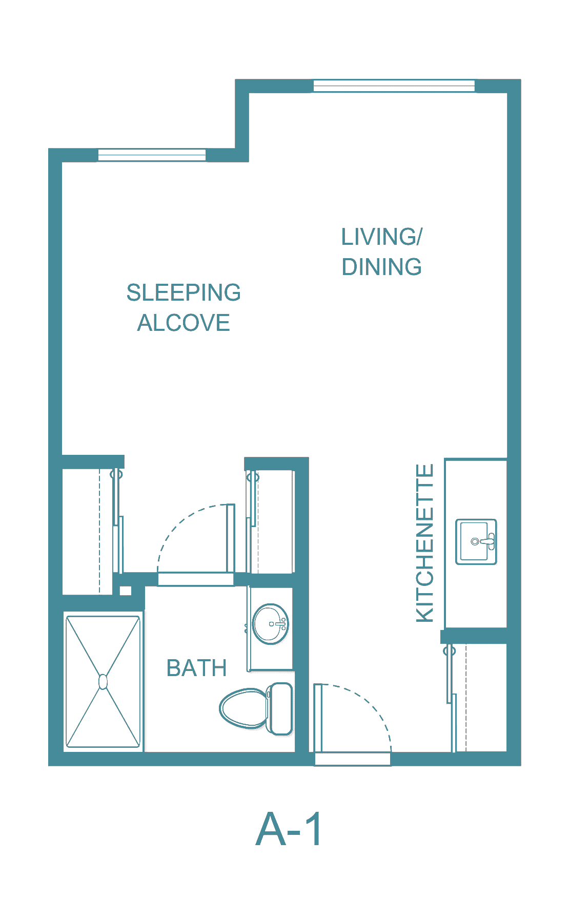 Floor plan of a studio apartment with sleeping alcove, kitchenette, and bathroom.