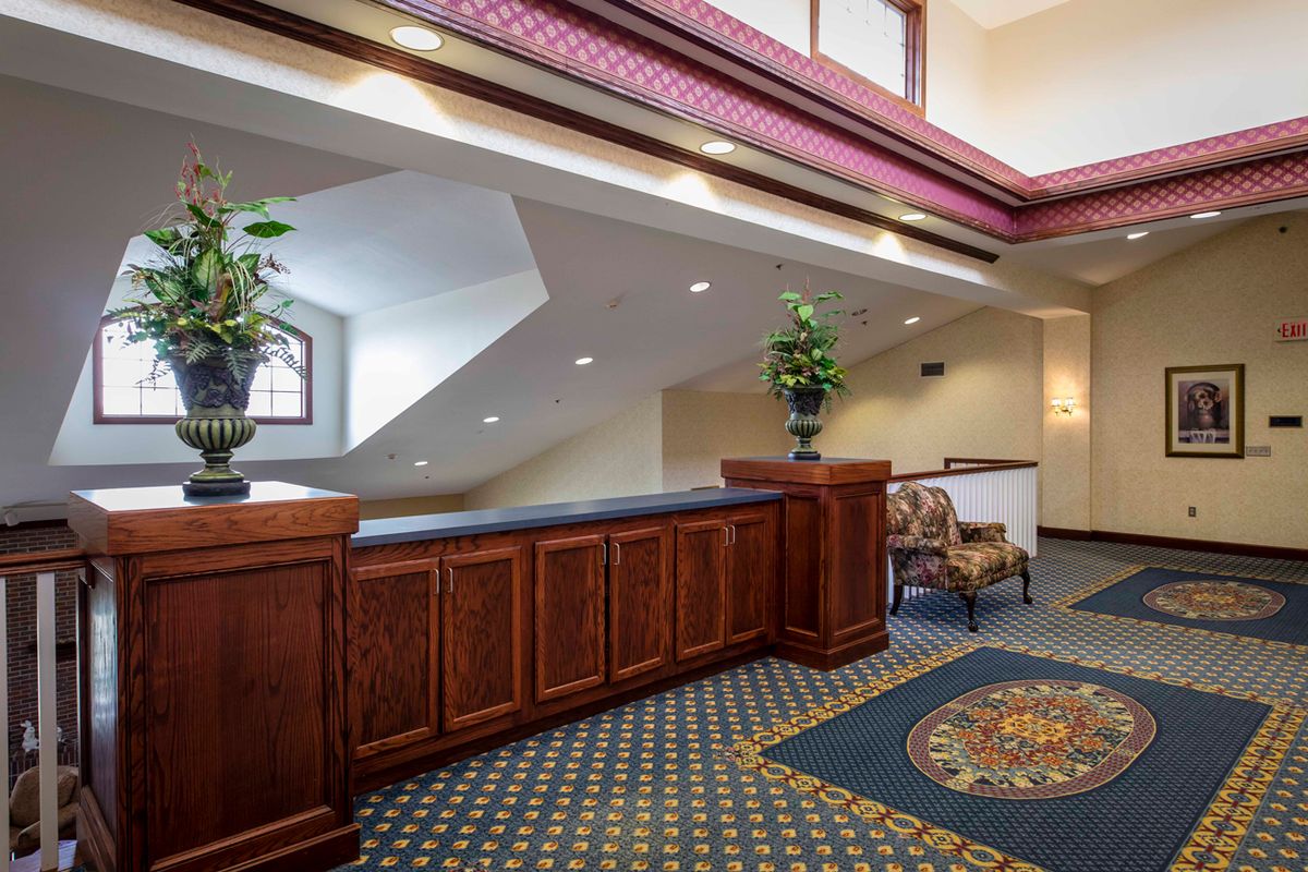 A hotel lobby with a wooden reception desk and a carpeted floor, featuring a seating area and decorative plants.