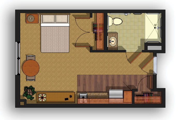 A detailed floor plan of a compact apartment featuring a bedroom, bathroom, kitchen, and living area.