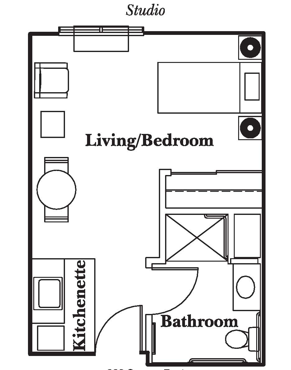 Studio apartment floor plan featuring a combined living and bedroom area, kitchenette, and bathroom.