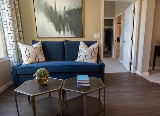 A modern living room featuring a blue sofa, decorative pillows, and abstract artwork above the couch. A pair of hexagonal coffee tables with a plant and books adds to the stylish decor.