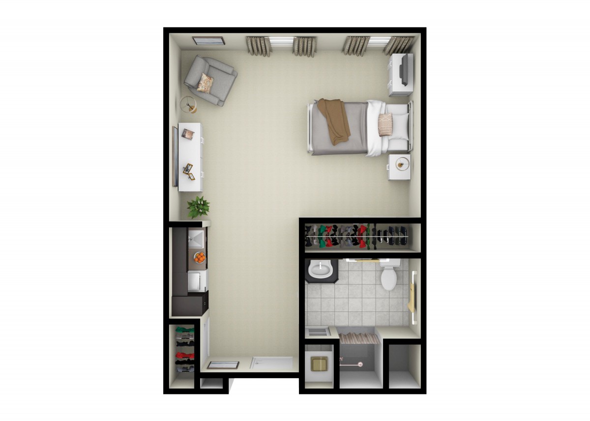Studio apartment floor plan with a compact layout featuring a bed, bathroom, and kitchenette.