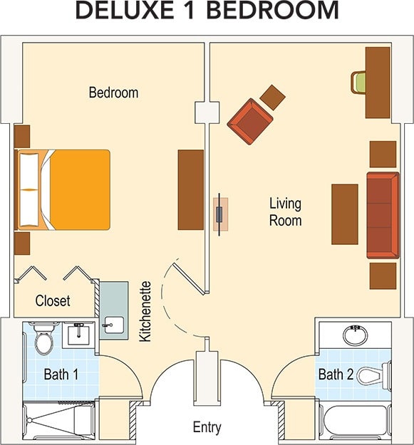 Layout of a deluxe one-bedroom apartment with a living room, kitchenette, and two bathrooms.