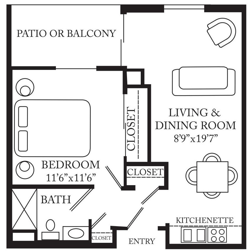 A one-bedroom apartment floor plan with a living and dining area, kitchenette, bathroom, closet space, and a patio or balcony.