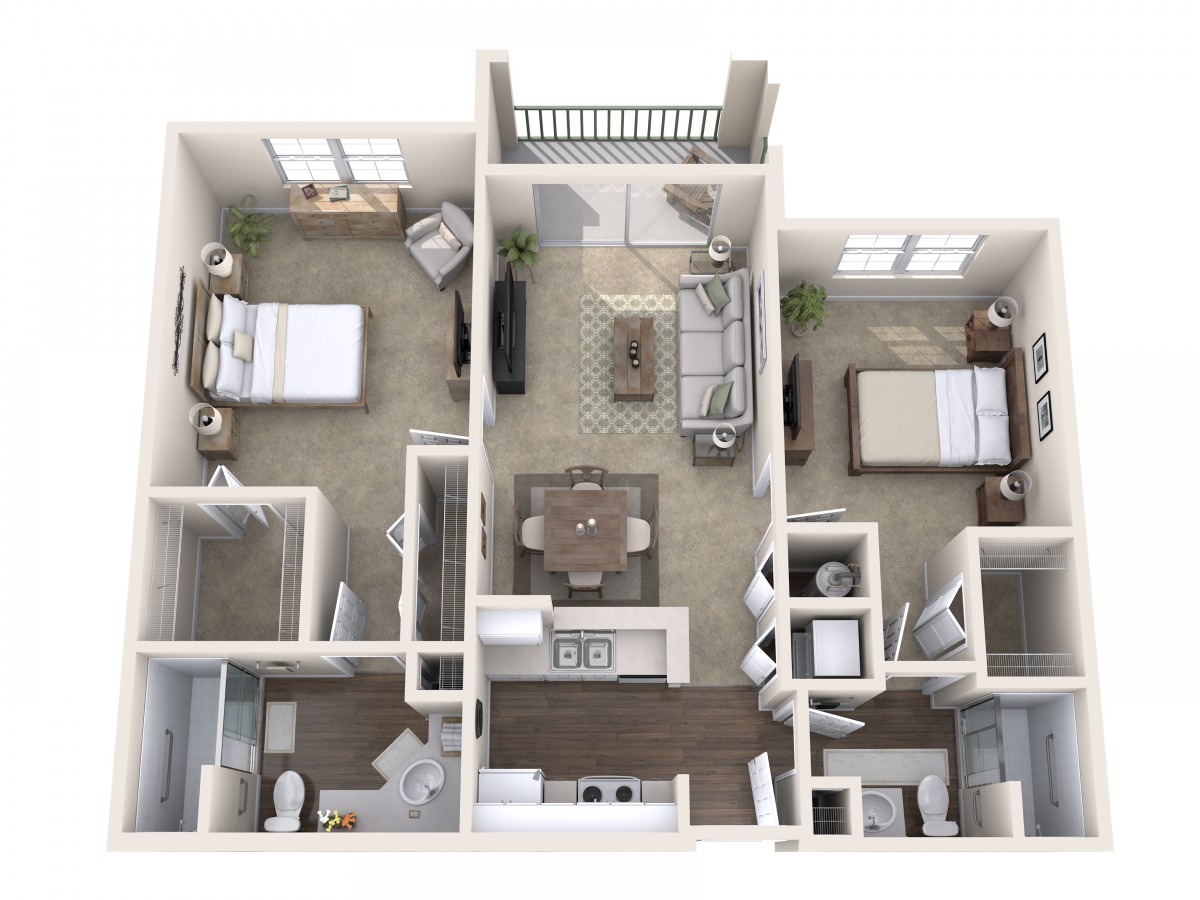 A 3D-rendered floor plan of an apartment featuring two bedrooms, a living room, kitchen, and bathrooms.