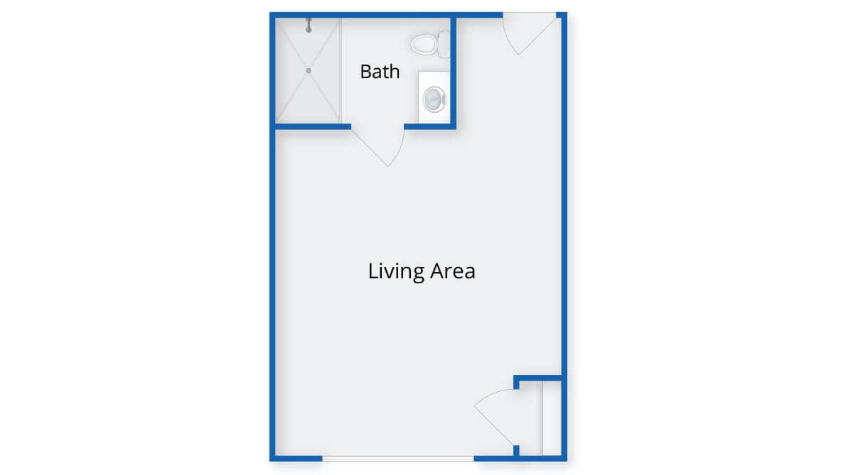 Floor plan of a studio apartment with a living area and bathroom.