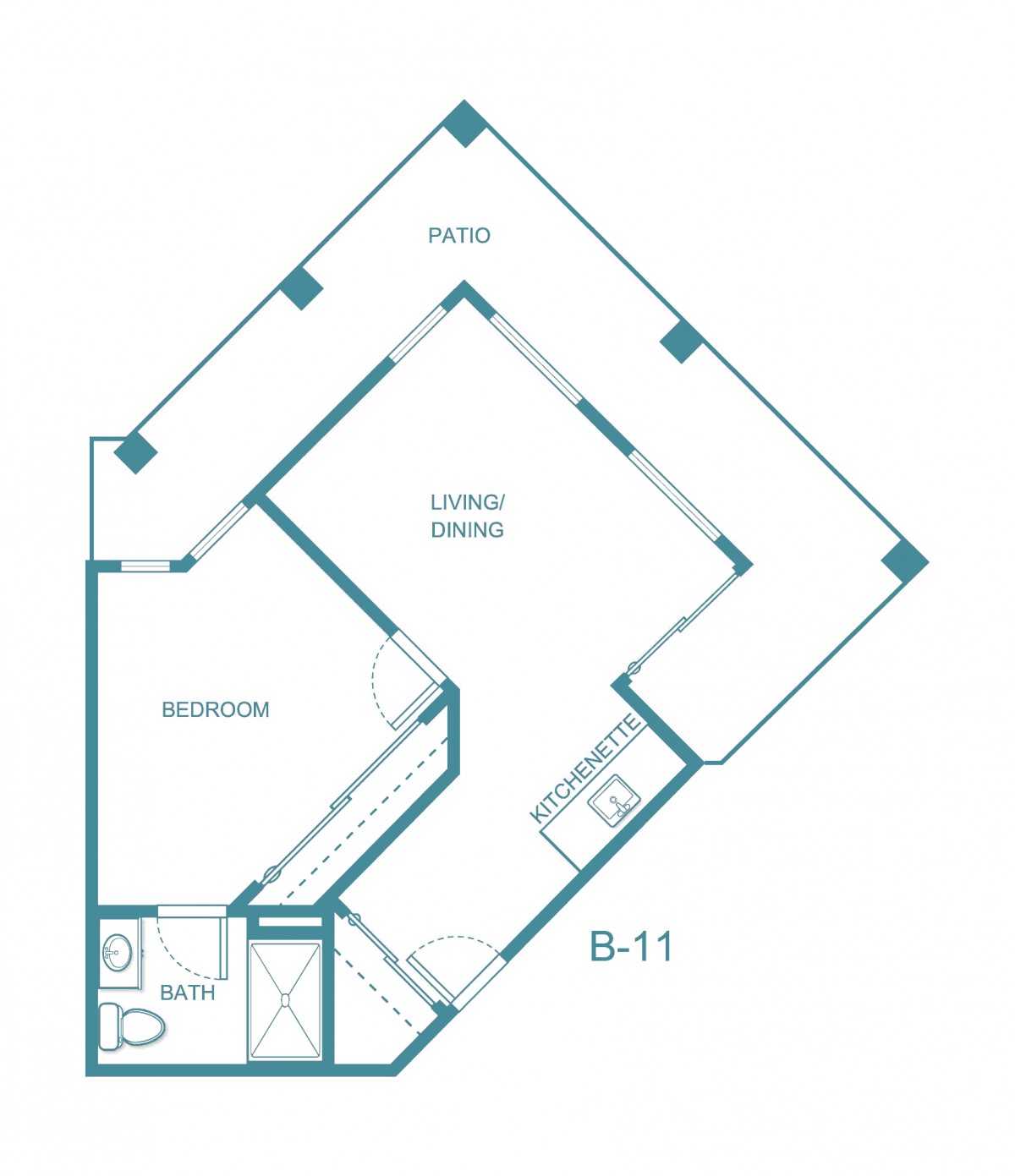 An architectural floor plan of an apartment unit featuring a living area, bedroom, and a balcony.