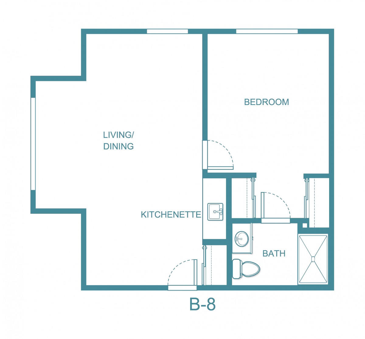 One-bedroom apartment floor plan with living/dining area and bathroom.