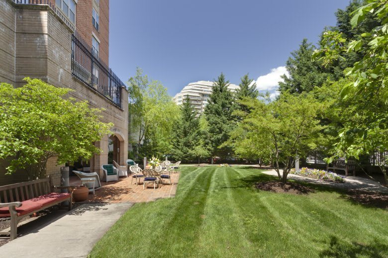 A well-maintained garden with green lawn and trees, bordered by a building and outdoor seating.
