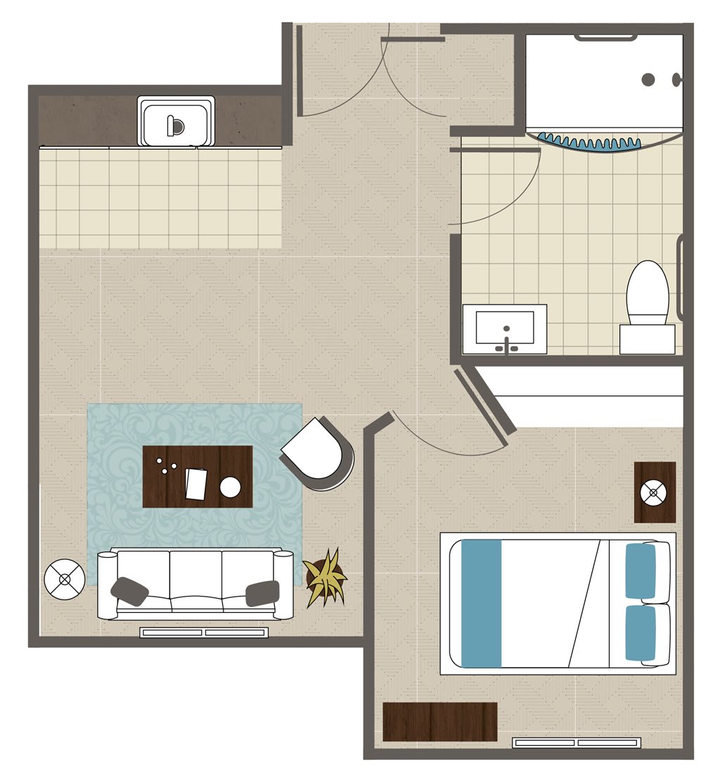A floor plan of a small apartment featuring one bedroom, a living room, a kitchen area, and a bathroom.
