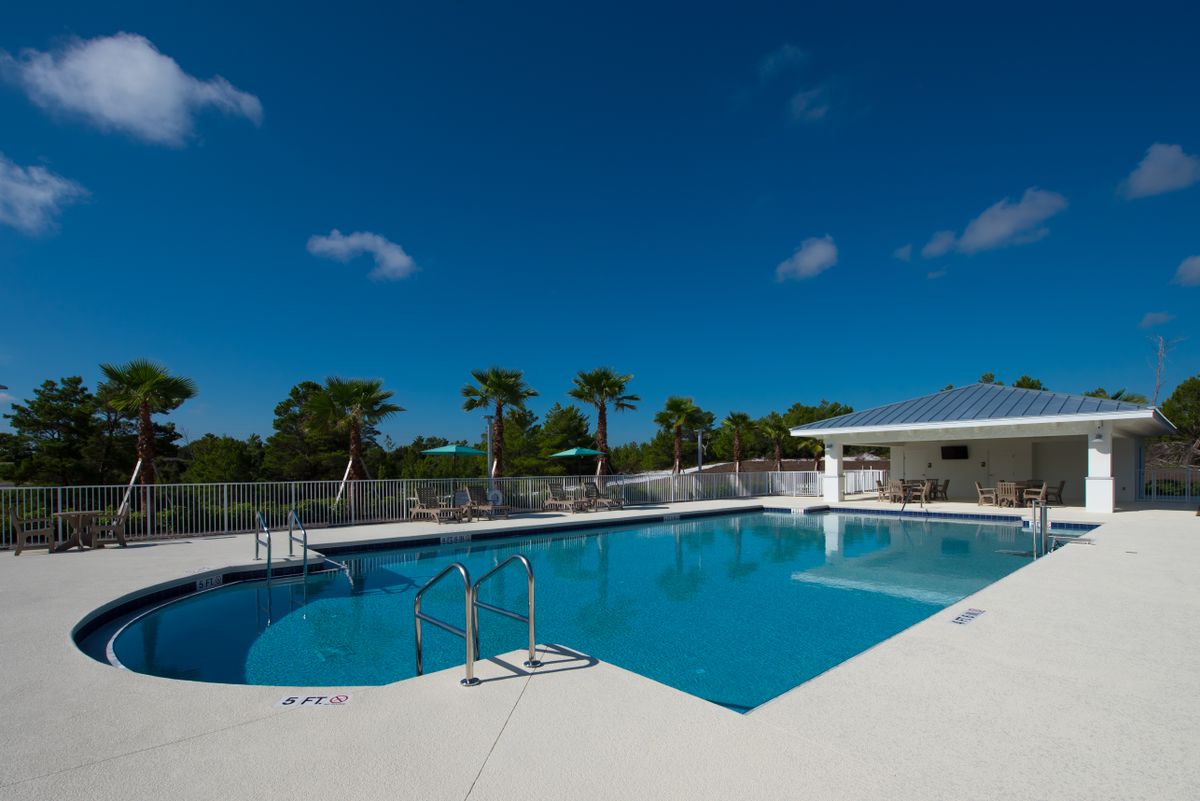 A serene outdoor swimming pool under a clear blue sky, surrounded by palm trees.