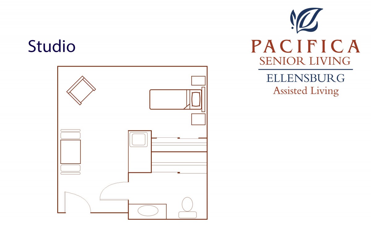 Studio apartment floor plan for Pacifica Senior Living.