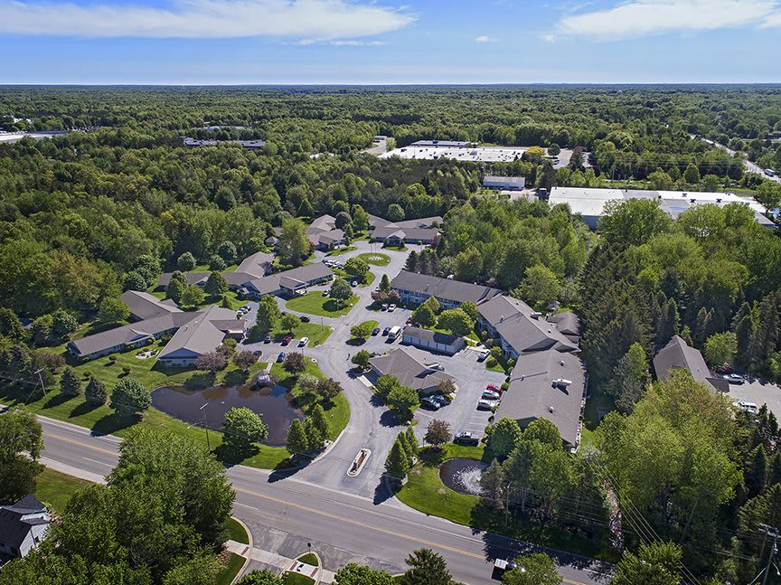Aerial view of a suburban residential area surrounded by lush greenery and trees.