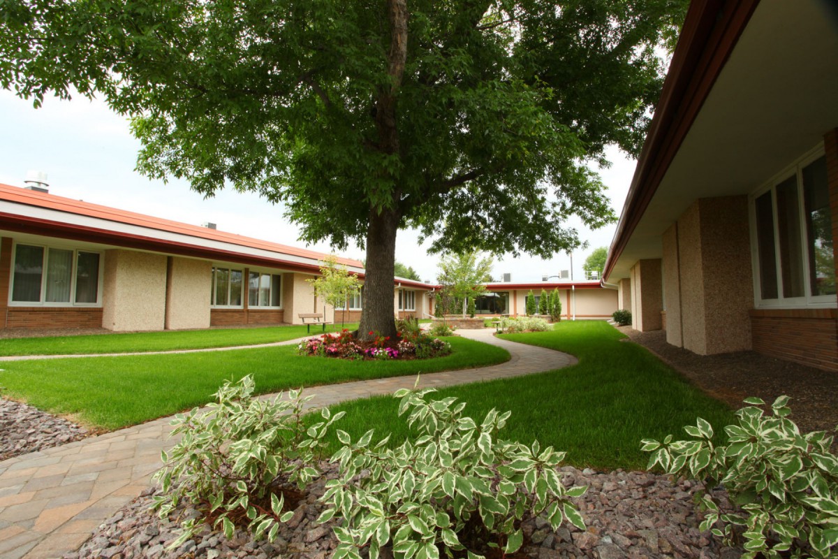 A serene courtyard featuring lush greenery, a winding pathway, and surrounding buildings.
