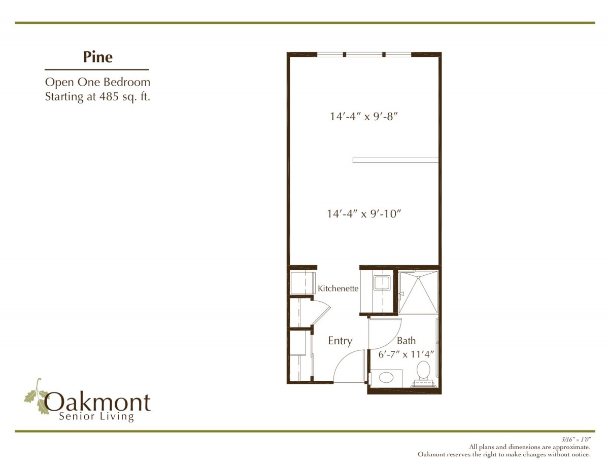 A studio apartment floor plan with a total area of 489 sq. ft.
