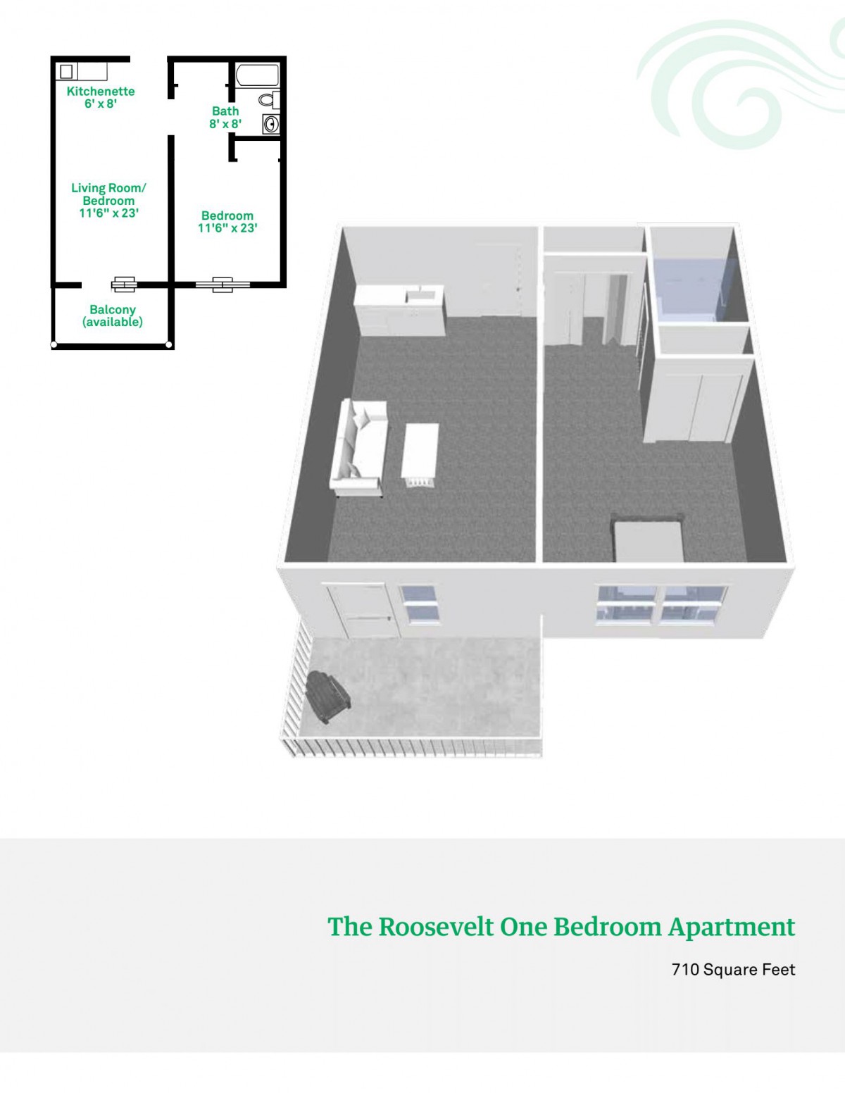 3D floor plan of a one-bedroom apartment, showcasing the layout and interior design.
