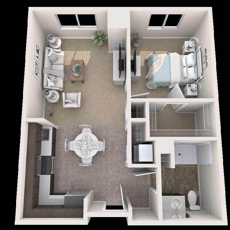 An overhead view of a one-bedroom apartment floor plan, featuring a living room, kitchen, dining area, bedroom, and bathroom.
