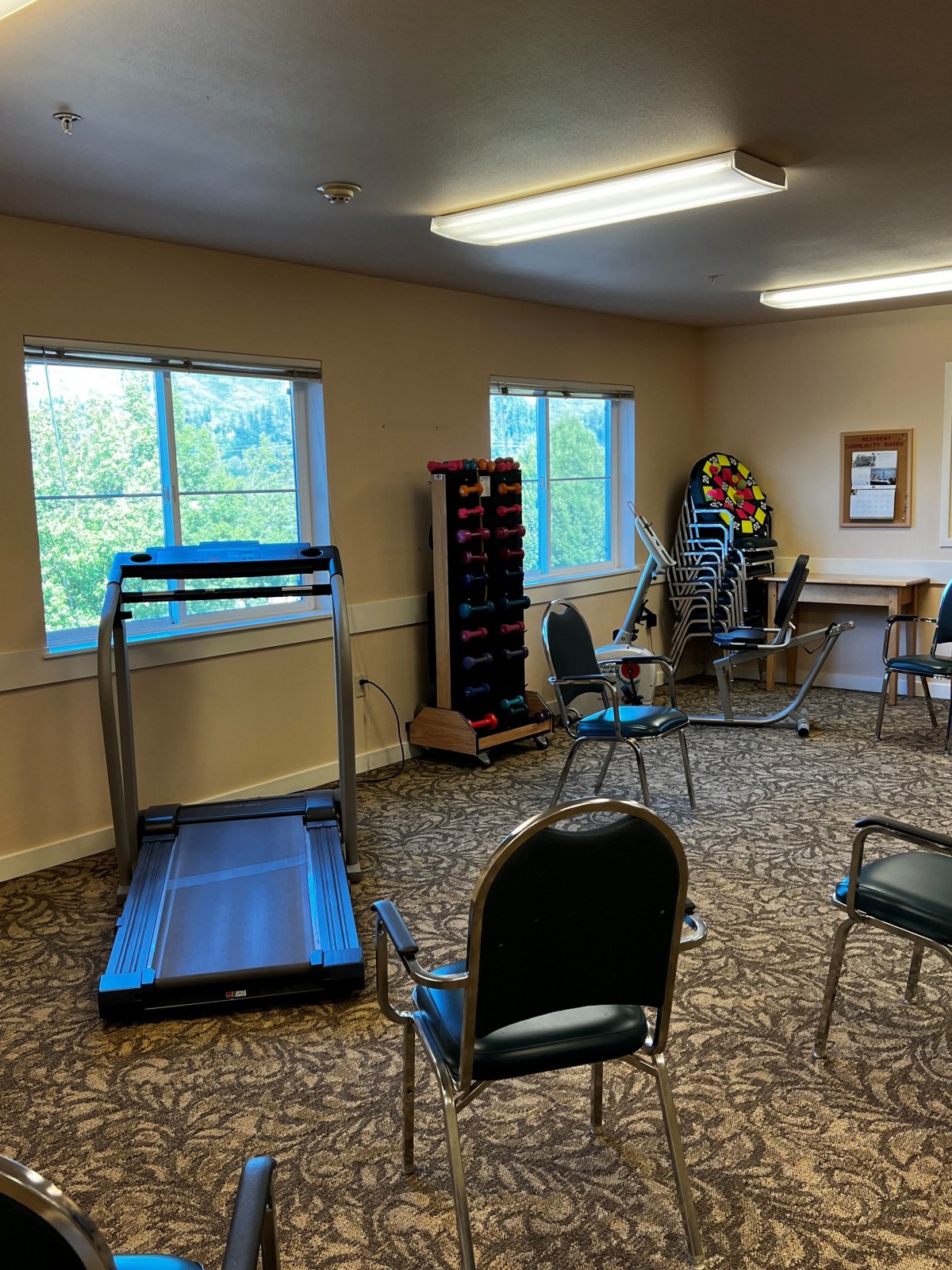 A small exercise room with a treadmill and chairs arranged on a carpeted floor.