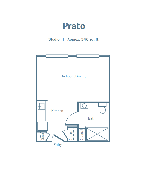 Floor plan of a studio apartment labeled 'Prato' with a living/sleeping area, kitchen, and bathroom.