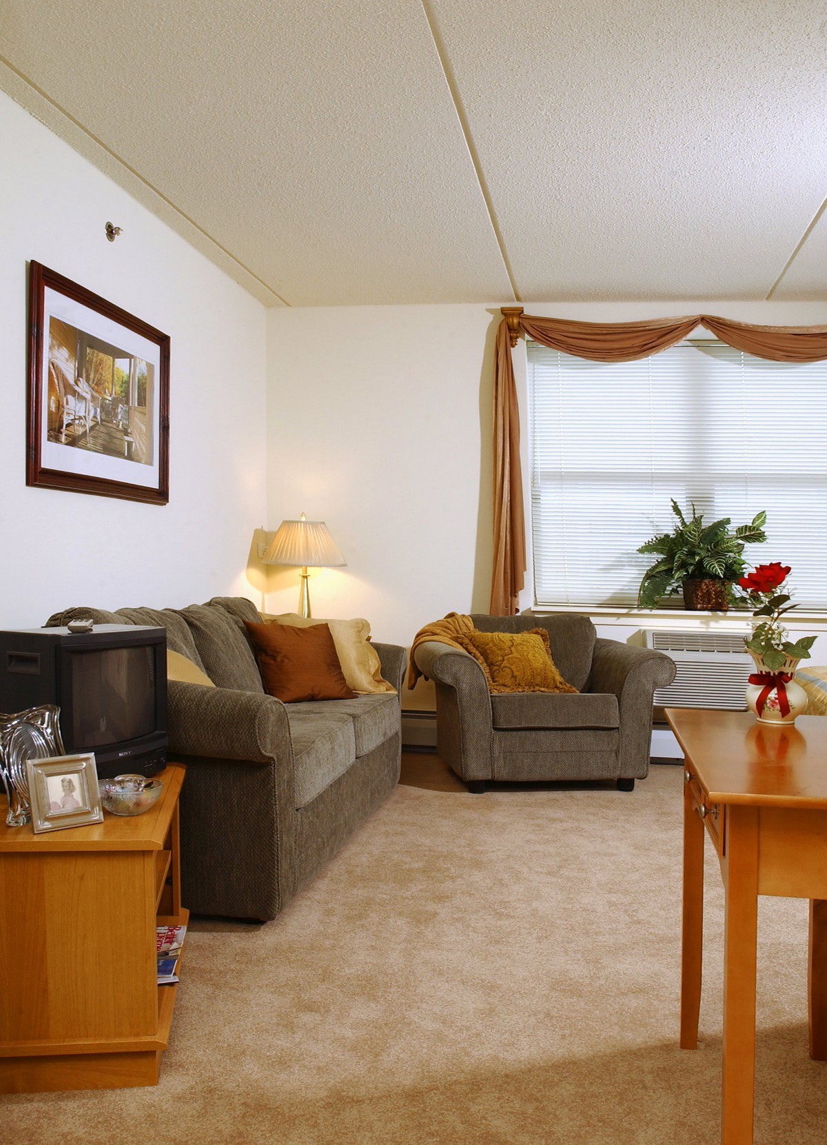 A cozy living room with a sofa, armchair, and a TV.