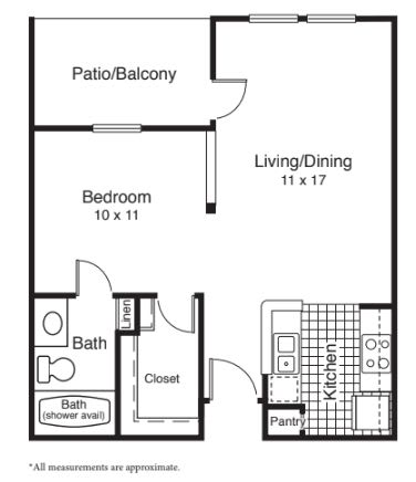 A floor plan of a one-bedroom apartment with a patio, living/dining area, kitchen, and bathroom.