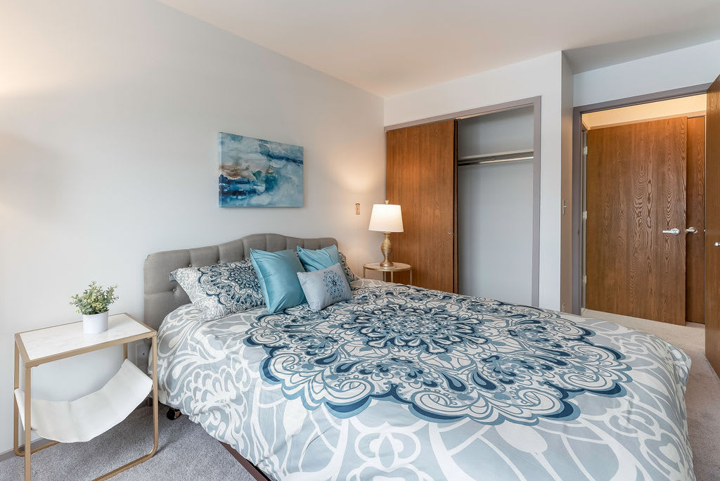 A well-decorated bedroom with a stylish bedspread, pillows, and a bedside lamp.