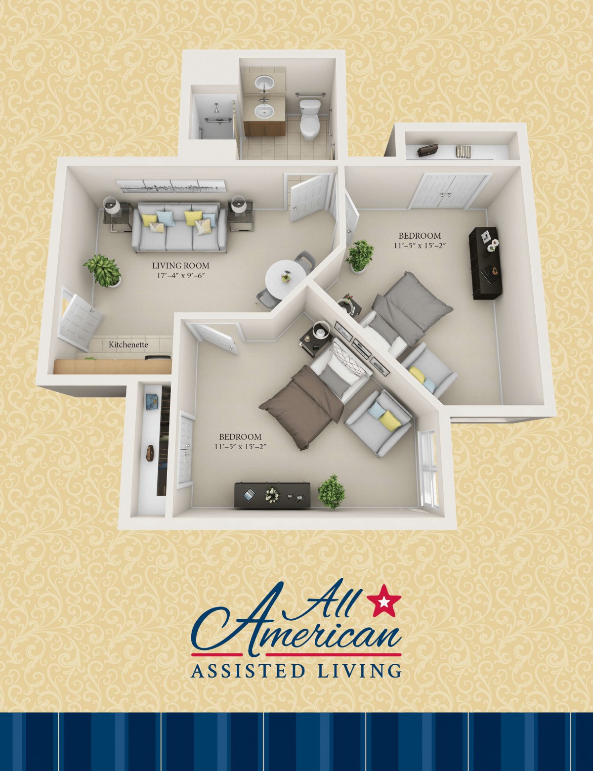 3D floor plan of an assisted living apartment by All American Assisted Living.