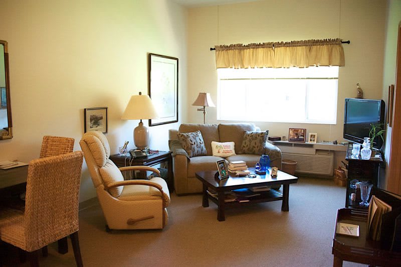 A cozy living room with a sofa, armchair, and coffee table, illuminated by natural light from a window.