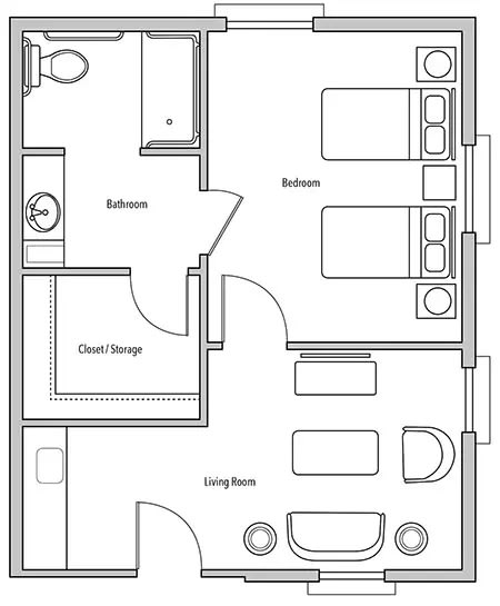 An architectural floor plan showing the layout for a residential space with multiple rooms.
