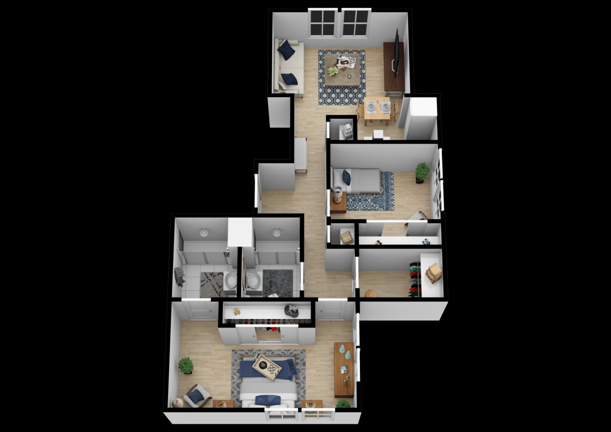 A 3D floor plan showcasing an apartment layout with multiple rooms and furnishings.