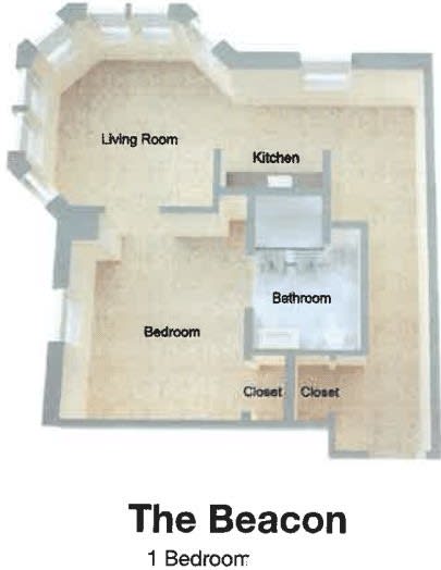 A floor plan of a one-bedroom apartment, featuring a living room, kitchen, bathroom, and closets.