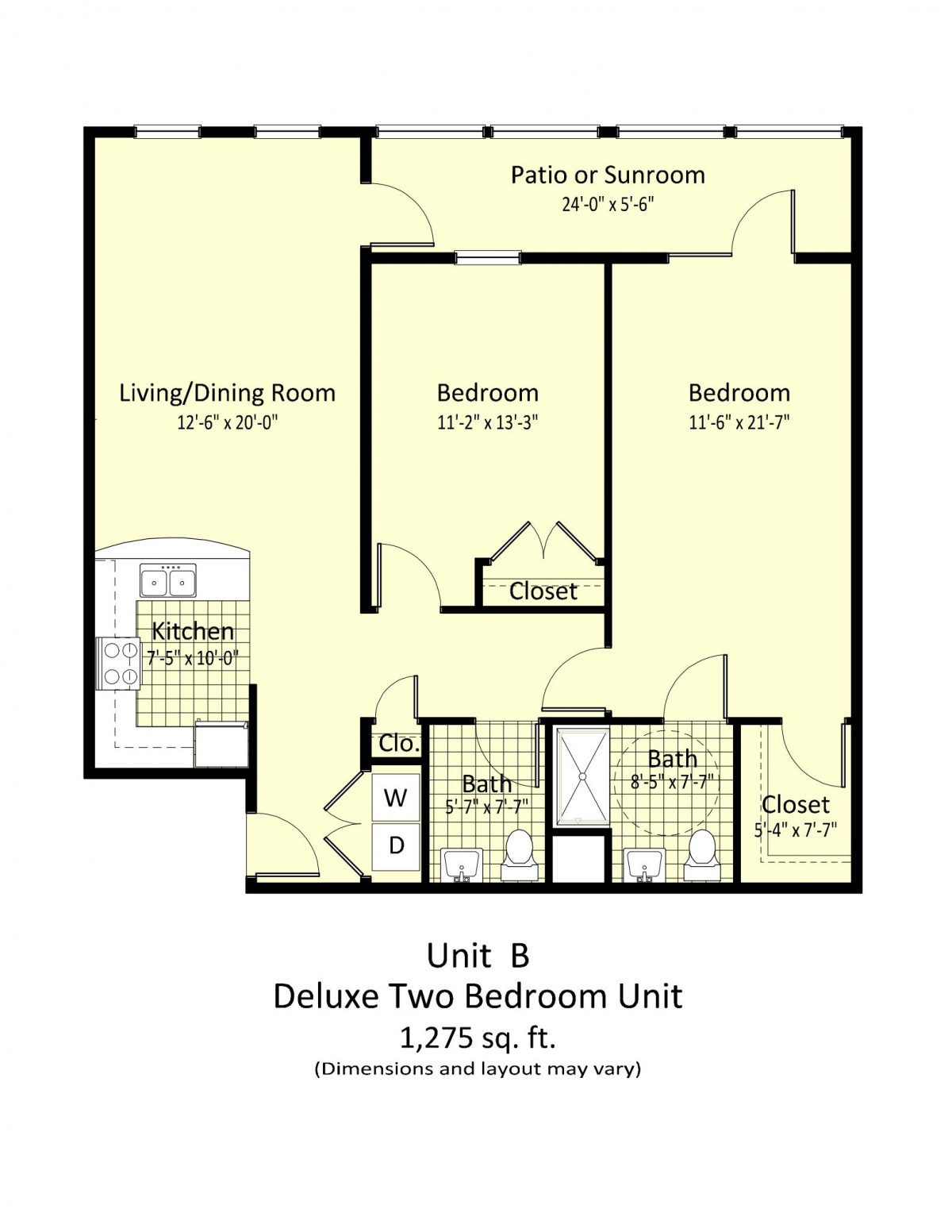 Floor plan for Unit B, a deluxe two-bedroom apartment with 1,276 square feet.