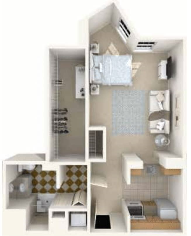 A 3D floor plan of a compact apartment featuring a living room, kitchen, bedroom, and bathroom.
