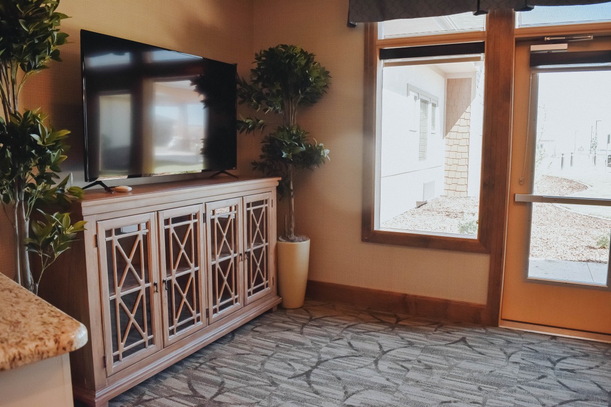 A cozy living room corner with a stylish cabinet and TV, complemented by a potted plant and natural light from the window.