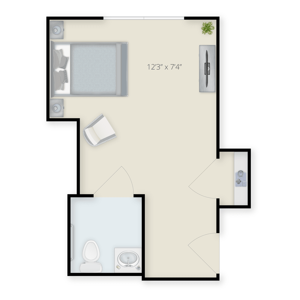 A small apartment floor plan featuring a bedroom, bathroom, and living area.